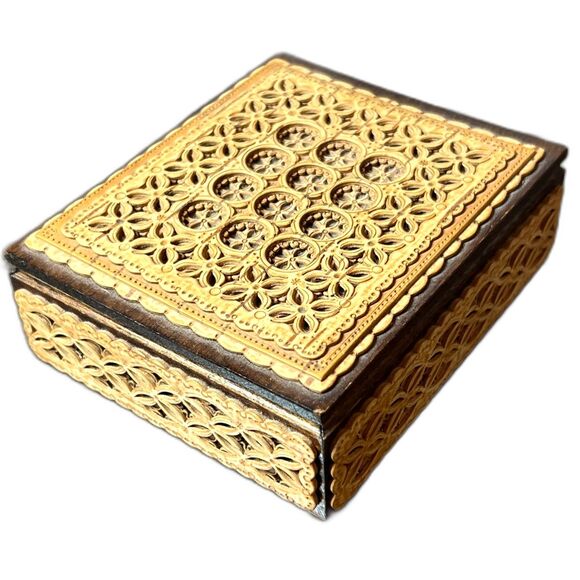 Other - Vintage Russian Carved Artisan Trinket Box Casket Wood Latticed Pierced Panels